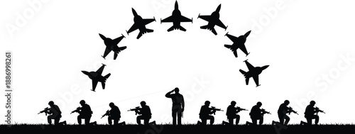 Military silhouette vector illustration featuring soldiers kneeling in honor with a saluting officer and fighter jets flying in an arched formation, memorial tribute