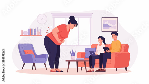 Woman experiencing abdominal pain while family watches