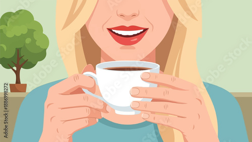 Woman smiling while holding a cup of coffee indoors