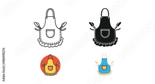 Assorted aprons with utensils and pockets for cooking and baking