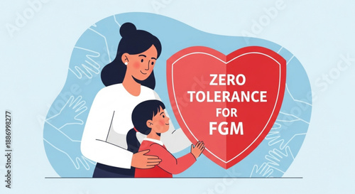 Mother and child holding heart with zero tolerance for fgm message