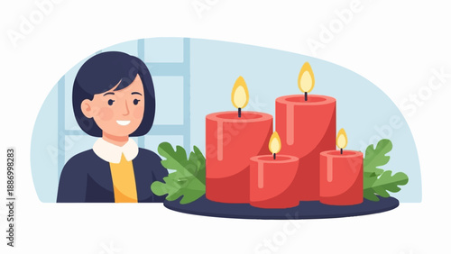 Woman smiles beside a display of four lit red candles and greenery