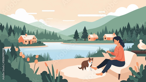 Woman sketching by a lake with her dog and a bird, surrounded by nature and homes