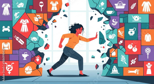 Woman breaking through wall of social media icons and symbols