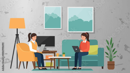 Two women working on laptops in a modern, minimalist living room