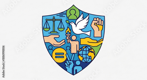 Justice and peace symbols on shield with hands dove scales and globe for equality and human