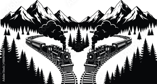 Vintage black and white silhouette of two steam engine trains traveling through a snowy mountain pine forest landscape, perfect for nostalgic travel adventure t-shirt designs.