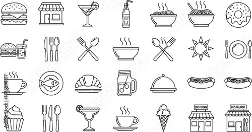 Large food and restaurant line icon set with fast food beverage and dining symbols for cafe menu and delivery app design vector
