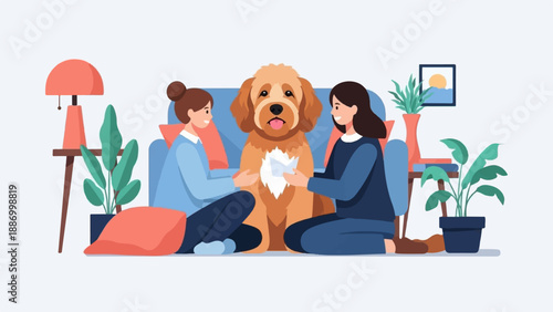 Two women share a moment with their furry friend indoors