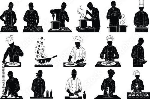 Silhouette chef cooking, professional kitchen, culinary preparation, cooking process, food making, restaurant chef, gourmet cuisine, vector illustration design, black white artwork, culinary art