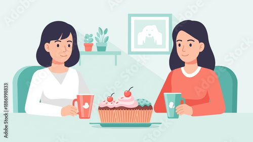 Two women share coffee and a cupcake in a cozy, modern setting