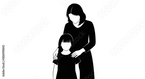 Woman and child standing together in black silhouette faceless figures