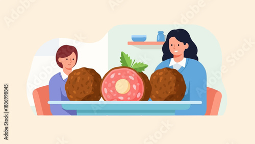 Two women share a platter of large meatballs with a cutaway revealing texture