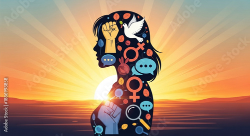 Woman silhouette with social media symbols at sunset background