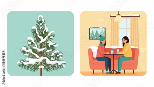 Two women sit at a table in a cafe, drinking from cups, with a snowy tree outside