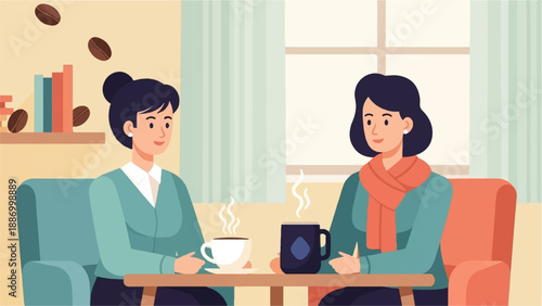 Two women sit at a table with coffee and conversation