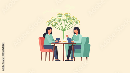 Two women sit at a table working on laptops next to a large plant