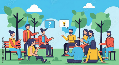Diverse group of people discussing ideas in a park with trees and benches on a sunny day