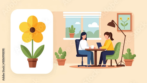 Two women sit at a table, working on laptops, with potted plants nearby