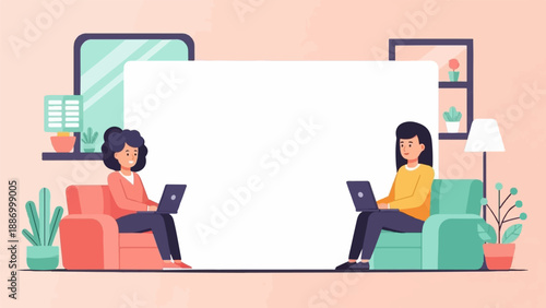 Two women sit in comfortable chairs, each engrossed in their laptops
