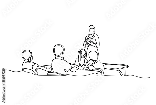 A group of people in a discussion sketched with a single line