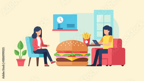 Two women sit indoors with a giant hamburger and french fries