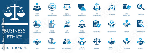 Business ethics icon set. Symbols for ethics, anti-corruption, transparency, and ethical leadership in a modern flat blue style.
