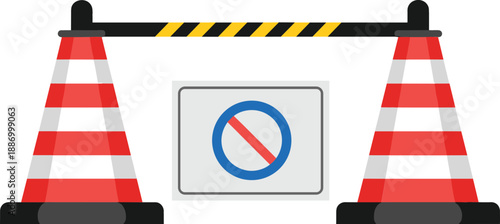 Road construction barrier with traffic cones and prohibition sign for street safety roadwork and under construction vector illustration