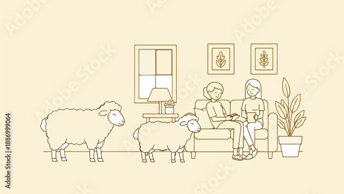 Two women sit on a couch with sheep nearby, in a room