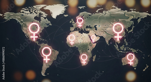 Global feminism symbols on world map with dark background