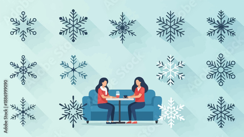 Two women sit on a sofa with a table between them, surrounded by snowflakes