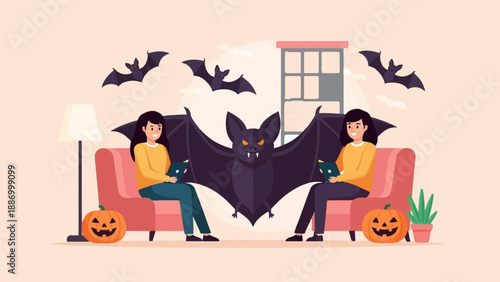 Two women sit on couches with pumpkins, a bat looms behind