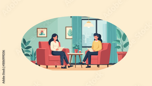 Two women sitting in armchairs, reading and conversing in a cozy room