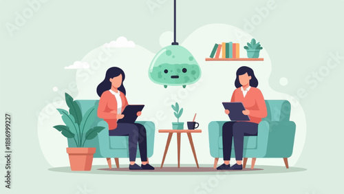 Two women sitting in armchairs in a room with a quirky lamp