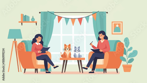 Two women sitting in armchairs with cats and plants in a decorated room