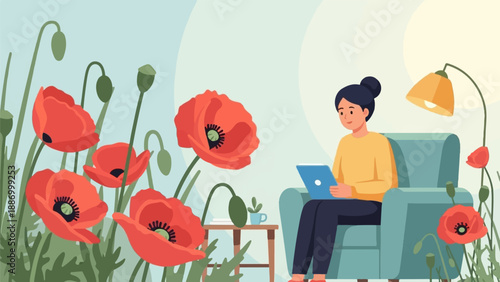 Woman sitting in armchair, using tablet, surrounded by blooming poppies