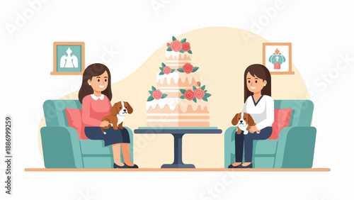Two women sitting on chairs holding puppies with a cake in between