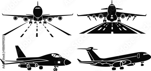 Aviation airplane silhouette set with commercial jet takeoff and runway landing perspectives for travel branding and airport logistics vector