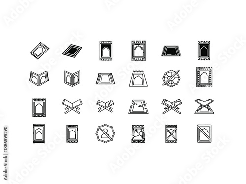 Minimalist Islamic Prayer Mat and Quran Stand Line Icon Set for Worship and Education Design