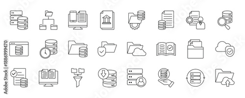 Data Catalog outline icons set. Contain icons related to database, table, column, row, record, entry, asset, source, lineage, governance and more.