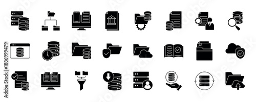 Data Catalog outline icons set. Contain icons related to database, table, column, row, record, entry, asset, source, lineage, governance and more.