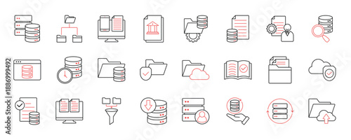 Data Catalog outline icons set. Contain icons related to database, table, column, row, record, entry, asset, source, lineage, governance and more.