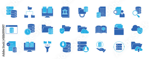Data Catalog outline icons set. Contain icons related to database, table, column, row, record, entry, asset, source, lineage, governance and more.