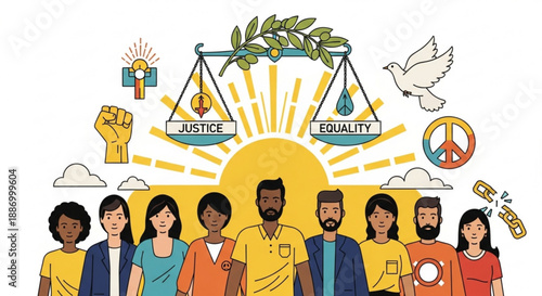 Diverse group of people standing for justice and equality at sunrise with peace symbols