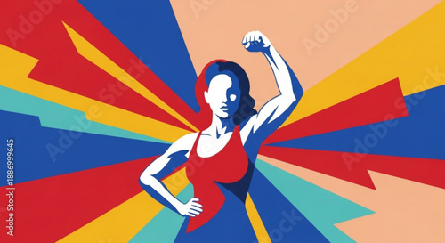 Empowered woman with raised fist in colorful abstract background