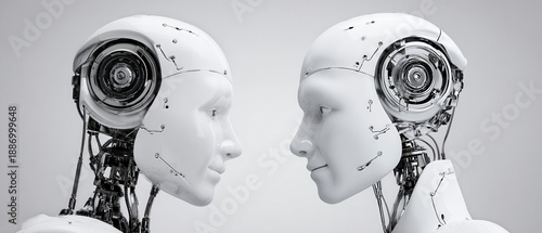 Close-Up Profile of Two Futuristic Robots Engaged in Intense Communication and Connection