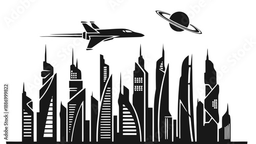 Vector illustration of a dynamic futuristic city skyline with spaceship and planet, on transparent background