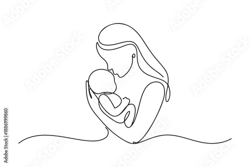 Abstract black line art illustration of a woman with her newborn baby silhouette featuring an elegant hair sketch and minimalist beauty outline symbolizing motherly love and care