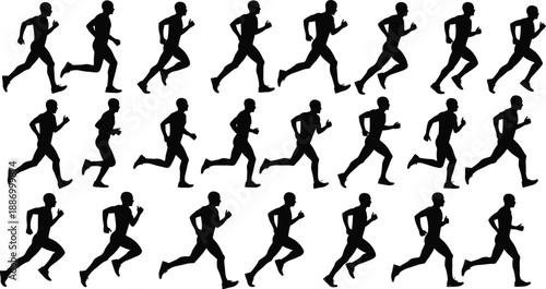 Man running silhouette sprite sheet with athletic male character animation frames for sports game design and motion graphics vector