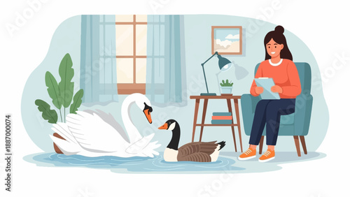 Woman in armchair watching swan and goose swim in water indoors